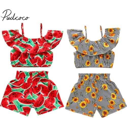 Infant Kids Baby Girls Summer Cool Suits Watermelon Sunflower Print Sleeveless Sling Crop Top and Short Pants 2 Pcs Set 1-6T