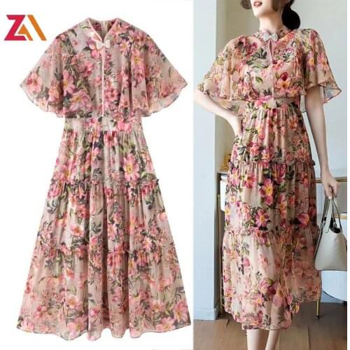 ZALady designer fashion midi dress womens festival clothing zevity vintage bow floral printed ruffles woman dresses femme robes