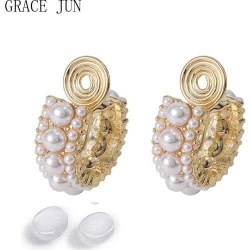 GRACE JUN 2021 New Arrival C Shape Stud Clip on Earrings No Pierced for Girl Student Fashion Gold Color Cute Pearl Cuff Earrings