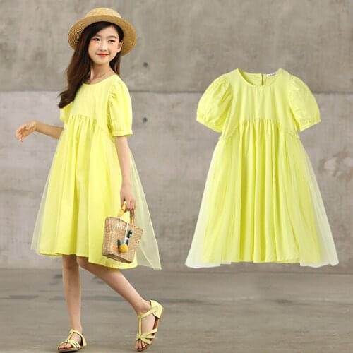 Girls Summer Dresses 2021 Mesh Cute Children Princess Dress Puff Sleeves Fluorescent Green Kids Clothing Party School Dress 12 Y