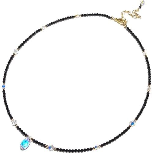 Lii Ji Mini Black Spinel With Austrian Crystal Beaded Necklace 14K Gold Filled Choker Necklace 35+5cm