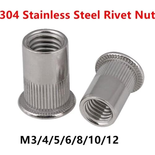 M3 M4 M5 M6 M8 M10 M12 304 Stainless Steel Rivet Nuts Rivnuts Knurled Steel Head Nutserts Flat Head Threaded Insert Nuts