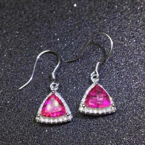 Fashion triangle S925 silver natural pink topaz gem drop earrings natural gemtone earrings woman girl party gift jewelry