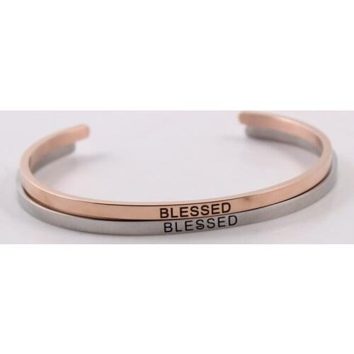 New Stainless Steel Engraved Positive Inspirational Hand Imprint (BLESSED) Bracelet Bangle for Women Best Gifts