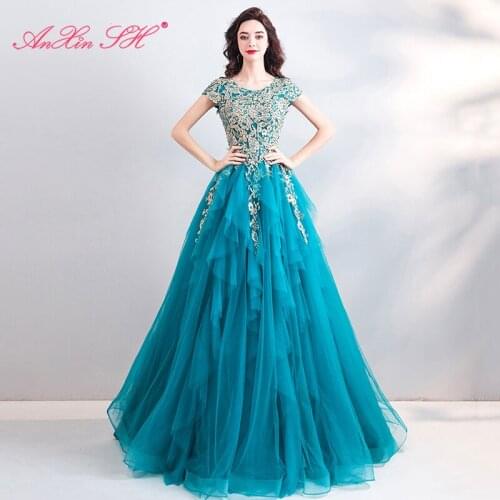 AXJFU princess Luxury Peacock Blue Banquet Performance evening dress Host o neck ruffles beading blue pearl evening dress 9600