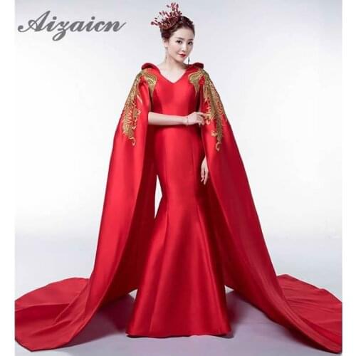 Luxury Elegant Red Chinese Evening Dresses With Floor Length Shawl Embroidery Mermaid Party Dress Long Cheongsam Wedding Qipao
