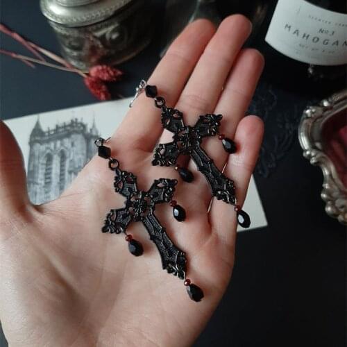 Black Cross Garnet and Crystal Chandelier Earrings Goth Large Trad Gothic Statement Jewelry Rock Gorgeous Fashion Women Gift