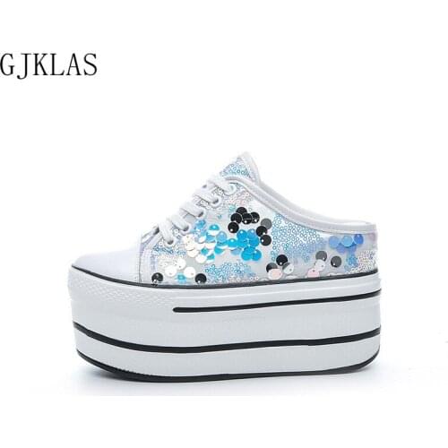 Wedge Slippers Women Platform Hidden Heel Shoes Bling Casual Womens Shoes Half Slippers Woman Pumps Chunky Vulcanized Shoes