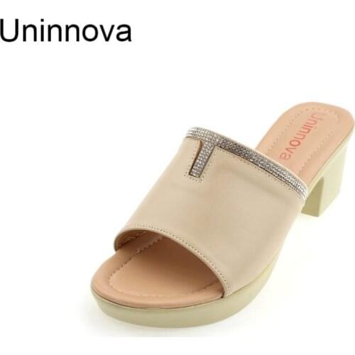 Uninnova Womens Fashion Crystal Sandals Med High Heel Black White Apricot Outdoor Sandals Fashion Womens Shoes WSL022
