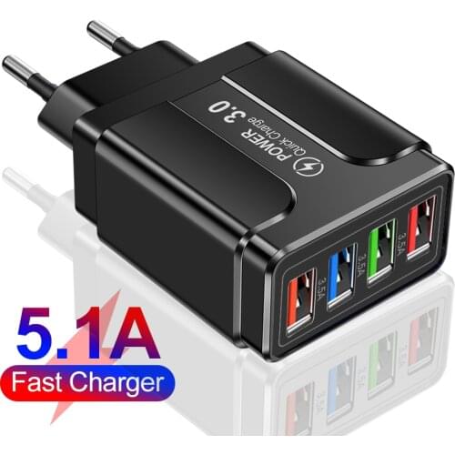4 Ports USB Charger Quick Charge 3.0 For iPhone 12 Pro Max Xiaomi Samsung Huawei Tablet Portable Wall Mobile Phone Fast Charger