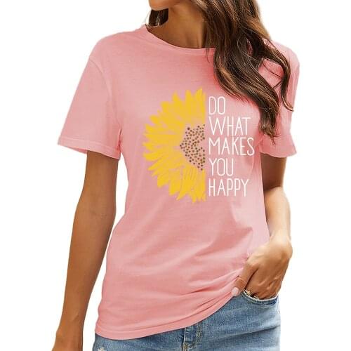 Women Short Sleeve Sunflower Print Tee Round Neck Cotton T-Shirt Summer Tops Casual Korean Style Shirts Girls Clothing Tops D30
