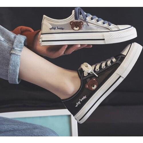 Womens Shoes 2021 Mesh Breathable Canvas Shoes Ladies Little Bear Casual Flats Shoes Women Comfort Lace Up Sneakers Zapatillas