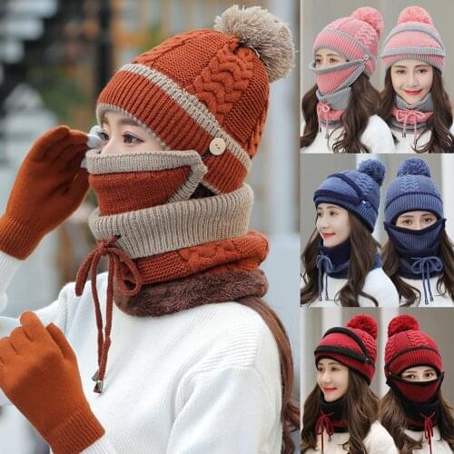 Women Winter Knitted Beanies Cap Face Cover Neck Scarf Gloves Set Outdoor Warm Keeping Women Knitted Hat with Scarves Gloves