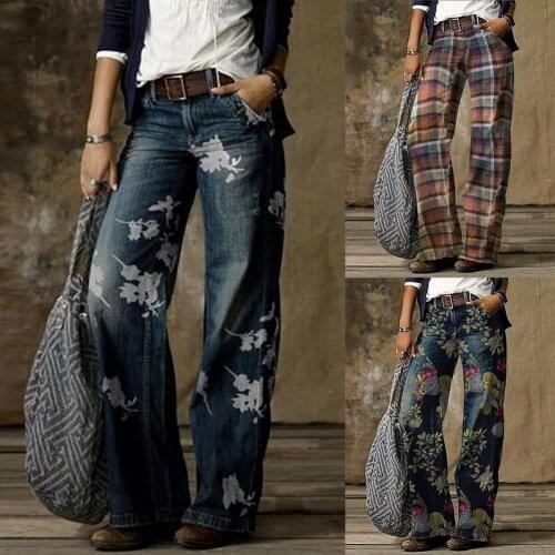 Women Denim Pants High Waist Floral Print Wide Leg Trousers Loose Jeans Female Jeans Straight Denim Streetwear Pants for Work