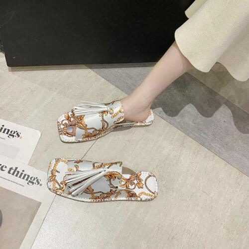 Retro Style Totem Fringe Decor Square Toe Flat Women Slippers Ladies Summer Sandals Comfortable Outside Slides Shoes Drop Ship