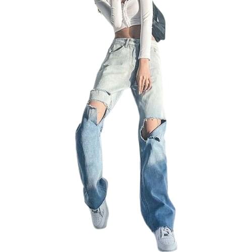 Women Loose Style Jeans, Blue Gradient Color High Waist Straight-leg Trousers