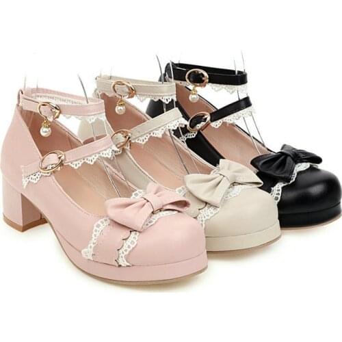 Women Cosplay Lolita Shoes Vintage Cute Lace Bowknot High Heel Platform Sweet Ladies Girls Princess Kawaii Anime Shoes