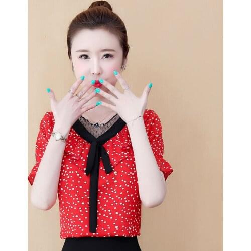 Women Spring Summer Style Chiffon Blouses Shirts Lady Casual Short Sleeve Bow Tie Collar Blusas Tops ZZ0292