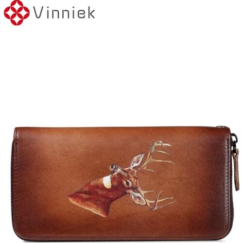 Genuine Leather Vintage Women Wallets Classic Cards Holders Elk Pattern Coin Purses Girls Long Wallet Daily Clutch Bag for Lady