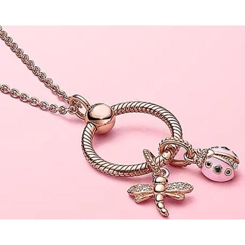 New 100% 925 Sterling Silver 1:1 spring rose gold insect dragonfly letter O pendant Pandora necklace female
