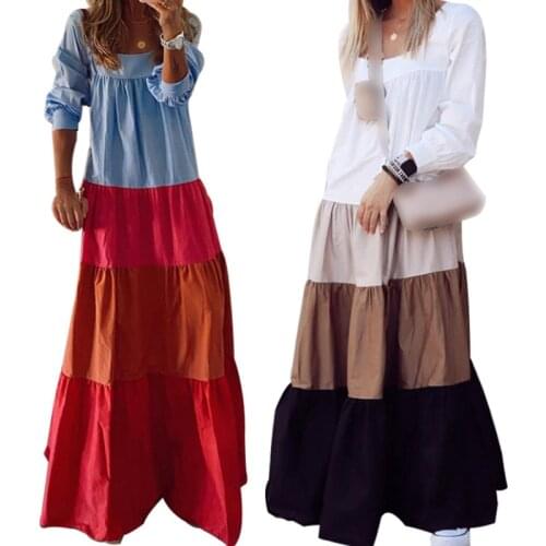 Women Loose Style Dress, Variegated Color Square Collar Long Puff Sleeves Ruffles Patchwork Dresses Spring Autumn