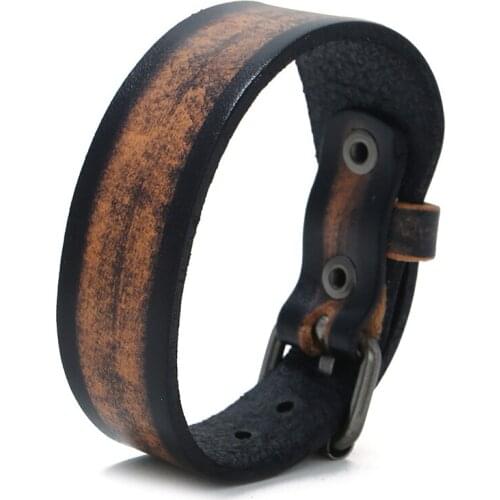 Retro Vintage Wrap Buckle Genuine Leather Bracelet Punk Adjustable Men Wide Belt Wristband Bangles Jewelry