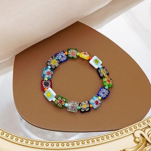 Minar Bohemia Multicolor Glass Flowers Charm Bracelet for Women Handmade Rainbow Square Beaded Elastic Bracelets Accessories