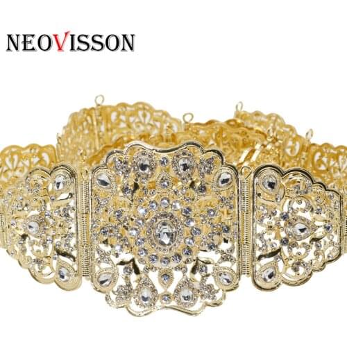 NEOVISSON Gold Silver Color Women Metal Belt Algeria Caftan Rhinestone Waist Chains Ethnic Wedding Jewelry Adjustable Length