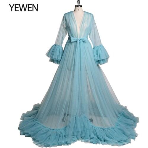 Elegant Bell Sleeve V Neck Evening Gowns for Photo Shoot V Neck Front Slit Photography Robe Baby Shower Dresses YEWEN