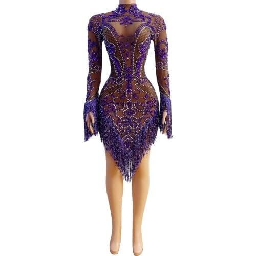 Purple Rhinestone Fringe Transparent Dress Prom Women Dance Singer Outfit Birthday Evening Celebrate Mesh Short Dress