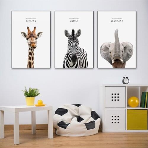 Cute Animlas Baby Canvas Painting Nordic Elephant Giraffe Zebra HD Wall Pictures Printings Kids Room Decoration Posters No Frame