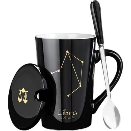 420ML Creative 12 Constellations Coffee Mug With Spoon And Lid Ceramic Black White Milk Tea Cup Brithday Gift