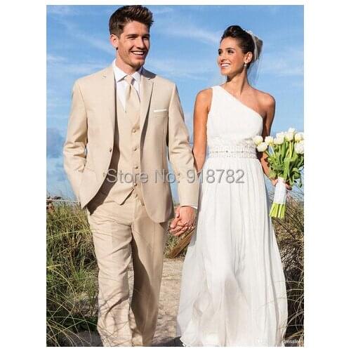 2016 Hot Selling Beige Mens Suit Groomsmen Beach Groom Wedding Suits For Men Formal Tuxedo Bridegroom (Jacket+Pants+Vest+Tie)