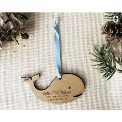 Whale Babys First Christmas Ornament - Personalized with Birth Details - Custom Rustic Wood Ornament - Under the Sea Baby Gift