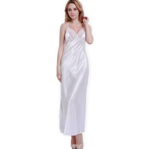Sexy Lace Temptation Women Spaghetti Strap Sleepshirt Solid Summer Long Nightgowns Satin Silk Sleepwear Dressing Home Wear