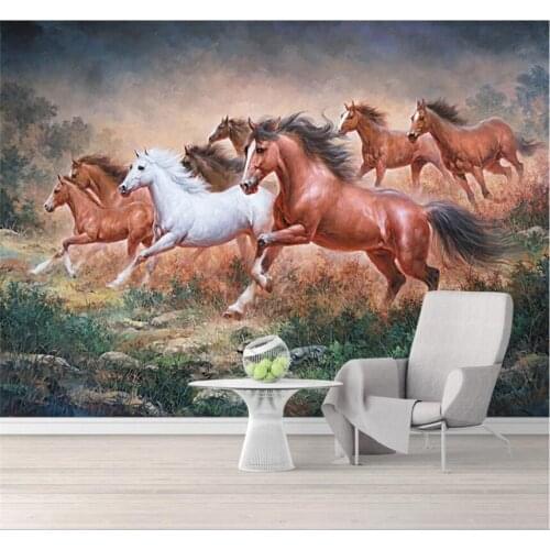XUESU Custom 3D/5D/8D Bump Wallpaper Mural Hand-painted Grassland Eight Horses Oil Painting TV Background Wall