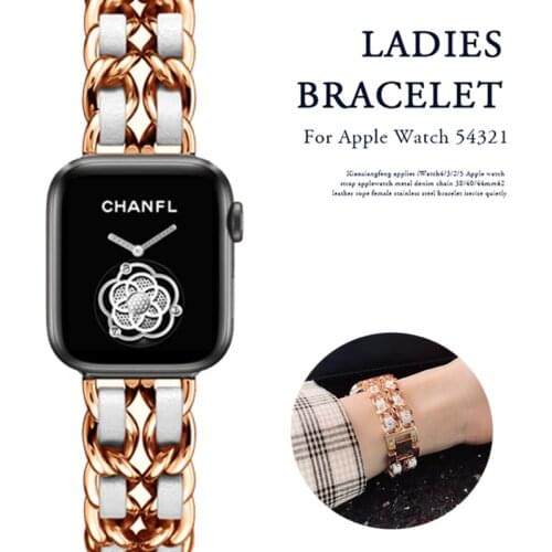 Band for Apple Watch 5 4 40mm 44mm Watchband Stainless Steel Chain With Leather Bracelet Strap for iwatch Series 3 2 38mm 42mm