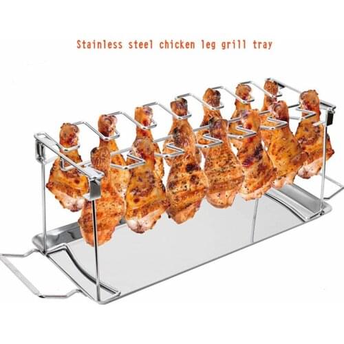 BBQ Beef Chicken Leg Wing Grill Rack 14 Slots Stainless Steel Barbecue Drumsticks Holder Smoker Oven Roaster Stand with Drip Pan