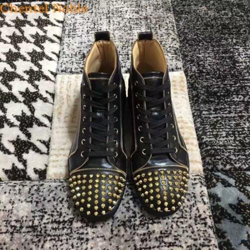 Luxury Brand Chentel Gold Rivet Lace-Up Runway Casual Men Sneaker Spikes High Top Manual Leather Running Male Chaussures Hommes