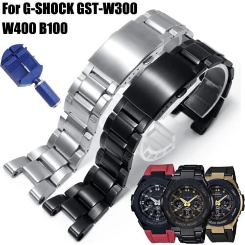 Silver Black Stainless Steel Watch Strap for Casio G-SHOCK GST-W300 W400 GST-B100 Watch Band GSHOCK Replace Wristband Bracelet
