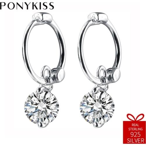 PONYKISS Real Solid 925 Silver Round Hoop Earrings Women Zircon Statement Romantic Jewelry Accessory Birthday Party Lover Gift