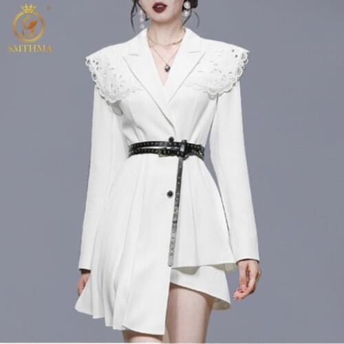 SMTHMA 2021 New Autumn Womens Fashion Office Lace Up Waist Dress Ladies Lace Patchwork Asymmetrical Dresses