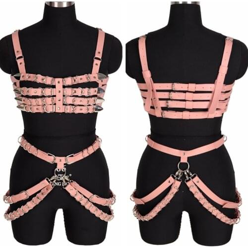 Gothic Pink Leather Lingerie Set Cage Top Rivet Ring Waist Belt Garter Sexy Dance Rave Festival Body Harness Bra Vest Bondage