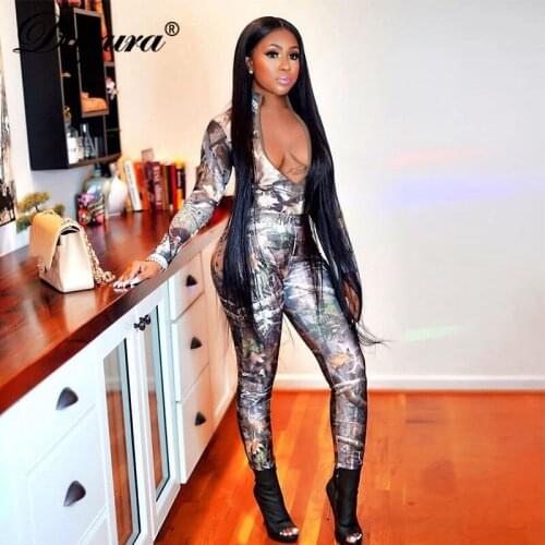 Dulzura Tree Forest Print Women Long Sleeve Jumpsuit Zipper V Neck Bodycon Skinny Sexy Streetwear 2020 Autumn Winter Club Romper