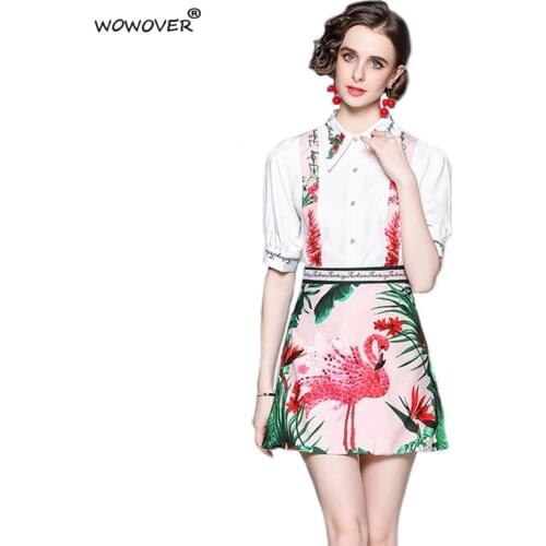 Women Summer Dress Suit Runway Designer Fashion Short Sleeve Print Shirt and Aline Skirt Two Piece Set Party Office Outfit