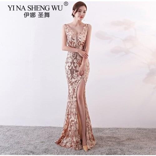 Embroidered Sequined Fishtail Long Dress Female V-neck Sleeveless Slit Elegant Womens Dress Robes Long Sexy Dress Vestidos