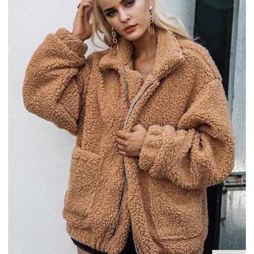 Womens Autumn and Winter New Coat Casual Long-sleeved Stand Collar Pocket Loose Plush Coat Women