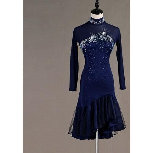 Women Latin Dance Dress Sexy Gauze Long Sleeved Diamonds Ruffes Dresses Adult Latin Ballroom Dance Stage Performance Costumes