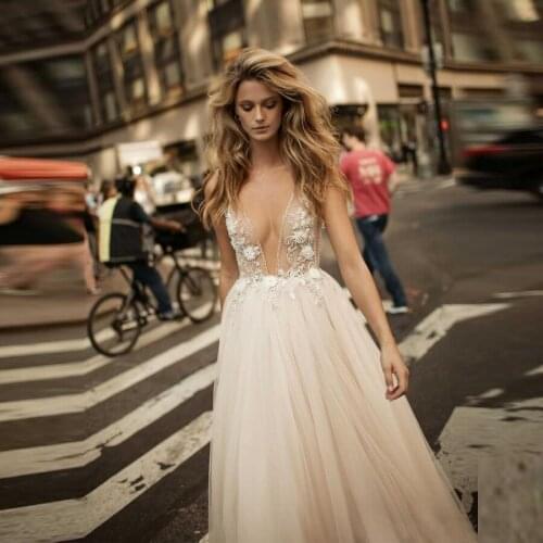 Sexy Deep V-neck Illusion Design Beading Appliqued Backless A-line Wedding Dresses 2020 robe de mariee