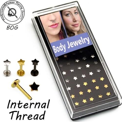 BOG-40 Pieces 316L Internal Thread labret monroe Lip stud Ring Ear Tragus 3.5mm star&heart flat top,16g